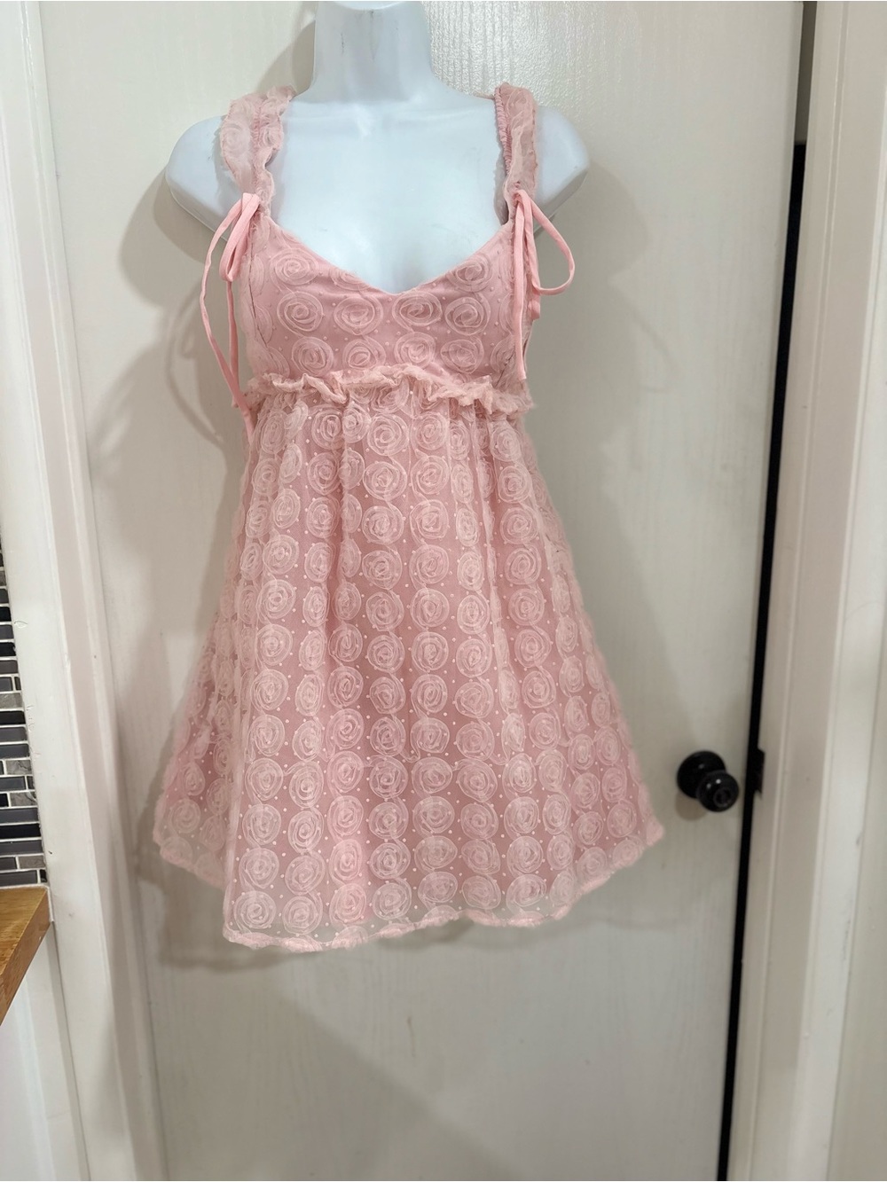 Lulu's Blush Pink Lace Tie-Shoulder A-Line Dress